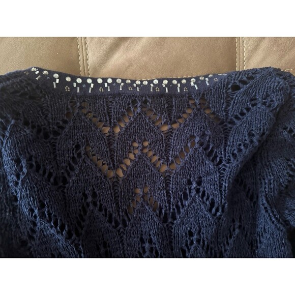 WHBM Navy Blue Jeweled Open Knit V Neck Pullover Sweater Small - Picture 5 of 9